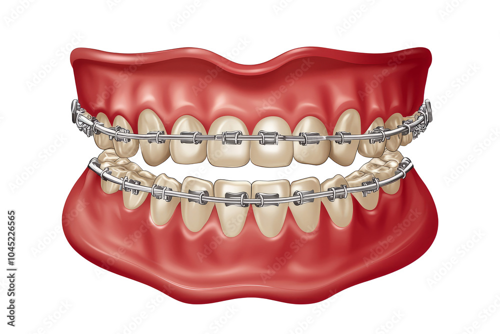 Side view of a dental model with orthodontic braces applied, showcasing alignment and bracket details, isolated on transparent background