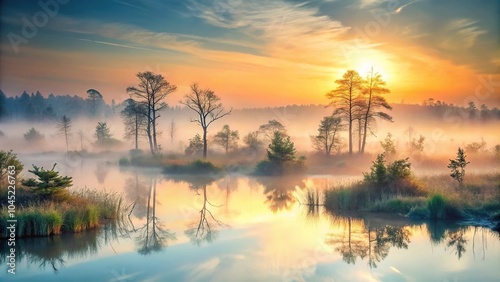 Foggy sunrise over swamp with minimalist watercolor painting
