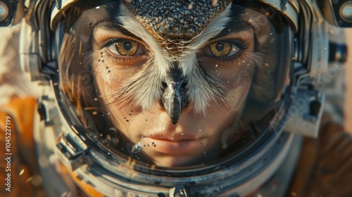 Close-up of a personified owl with a space helmet and suit, showcasing the curious and exploratory side of anthropomorphized wildlife. Ideal for space-themed art and exploration illustrations. photo