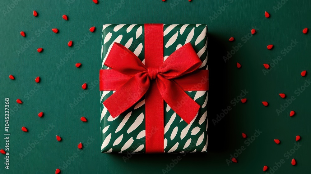 Obraz premium Holiday-themed gift with an oversized festive bow, vibrant colors and holiday patterns, gift wrapping bow holiday, festive, joyful