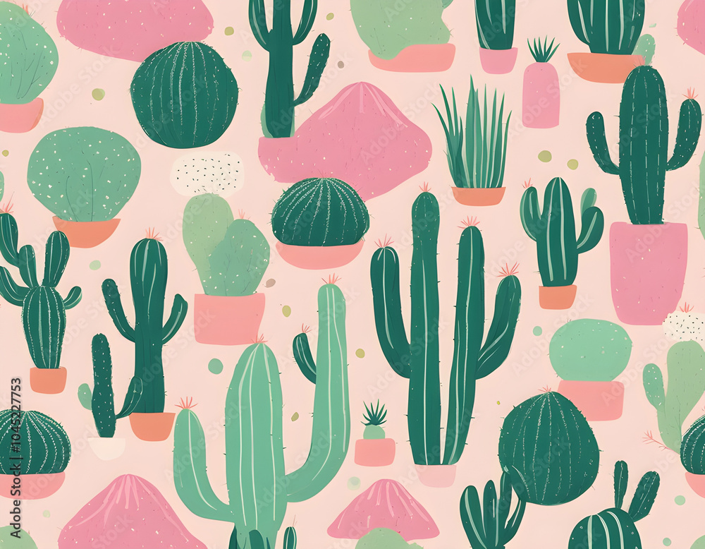 Bright texture with pink desert and green cacti hand drawn in pastel colors background Bright texture with pink desert and green cacti hand drawn in pastel colors background