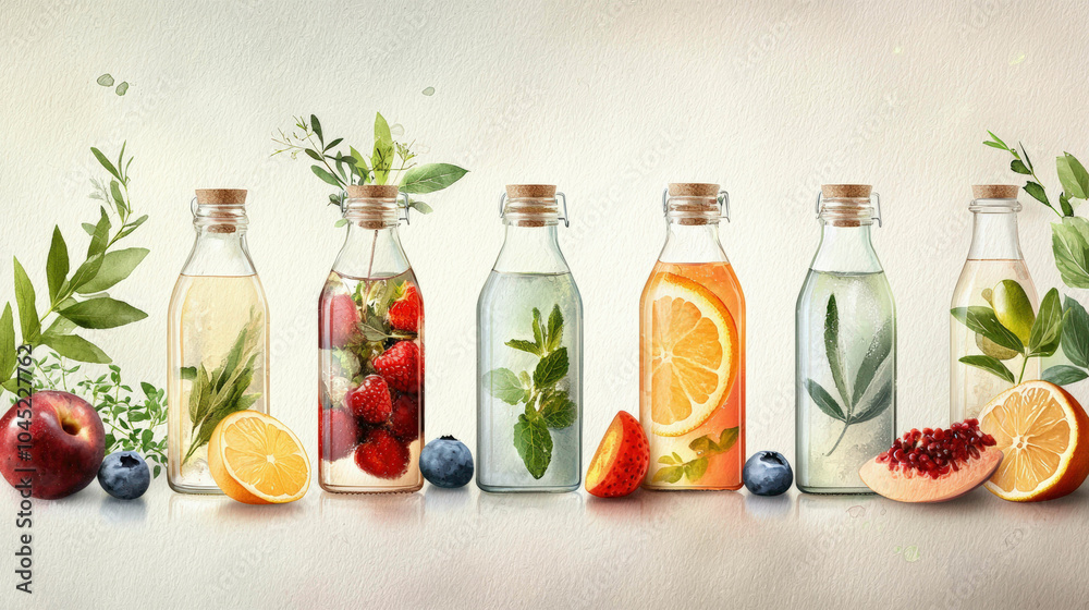 A colorful display of infused water bottles with fresh fruits and herbs, showcasing vibrant flavors and healthy hydration. A colorful display of infused water bottles with fresh fruits and herbs, showcasing vibrant flavors and healthy hydration.