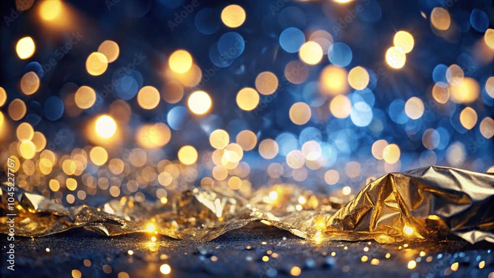 Forced perspective abstract background with golden light particles and dark blue bokeh for christmas on navy blue background with foil texture Forced perspective abstract background with golden light particles and dark blue bokeh for christmas on navy blue background with foil texture