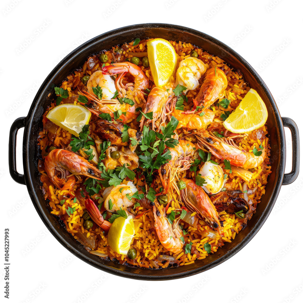 Top view of a festive paella dish with seafood and saffron rice, garnished with lemon wedges and parsley, holiday vibes