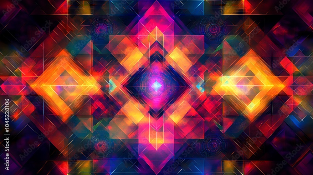 Geometric abstract background with neon squares triangles and circles arranged in a colorful design Geometric abstract background with neon squares triangles and circles arranged in a colorful design