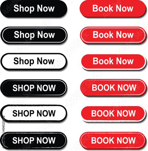 Book now buttons. Call for action buttons. Shop now button for online shopping. Modern colorful buttons for website design. Vector illustration.