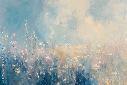 oil painting of white pink wildflowers on blue background	 photo