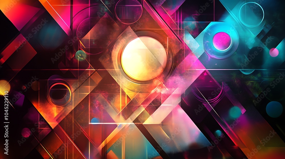 Neon abstract background featuring geometric shapes like squares triangles and circles Neon abstract background featuring geometric shapes like squares triangles and circles