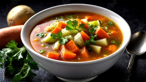 "Nourishing Vegetable Soup in White Bowl - Close-up View"