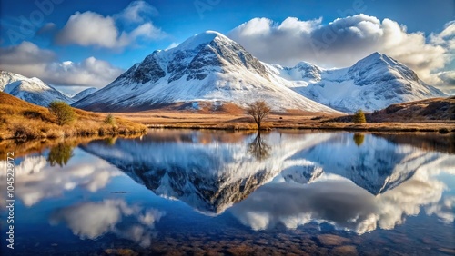 Snowcapped mountain reflection in Lochan na h Achlaise, Glencoe, Scotland photo