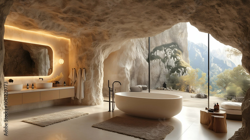 Luxurious cave bathroom with freestanding soaking tub, ambient neon orange lighting, and stunning mountain views, featuring modern fixtures and natural stone design photo