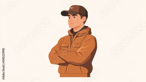 Wallpaper Mural Young Asian man in a brown hoodie and cap, standing confidently with arms crossed against a light background. Torontodigital.ca