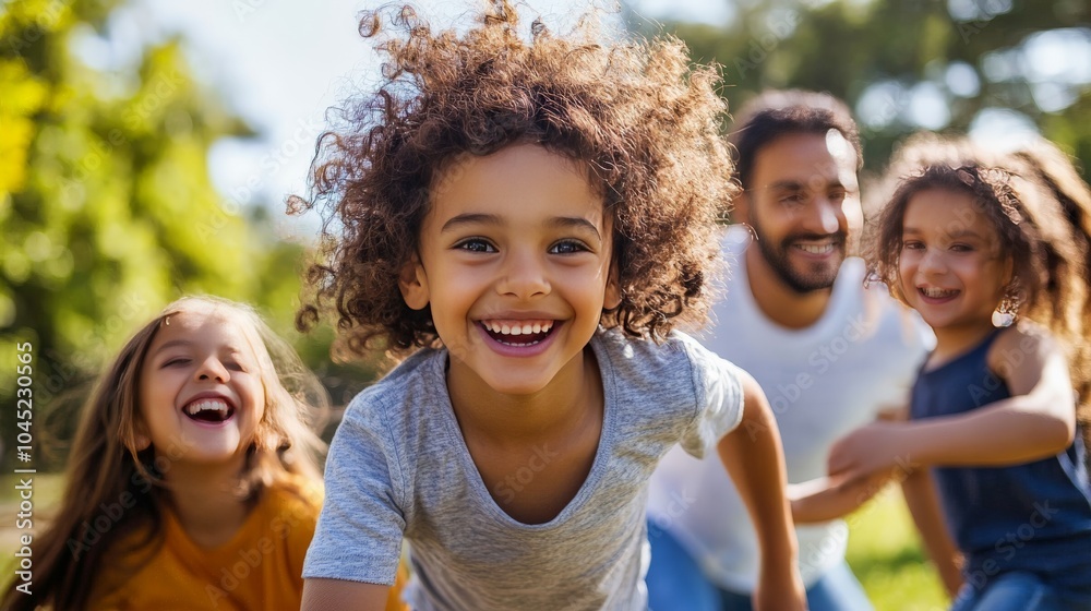 A family having fun in a vibrant park, with children playing and parents watching, their faces filled with joy and laughter A family having fun in a vibrant park, with children playing and parents watching, their faces filled with joy and laughter