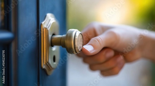 A low-angle view of someone locking the deadbolt, with the background softly blurred for context.