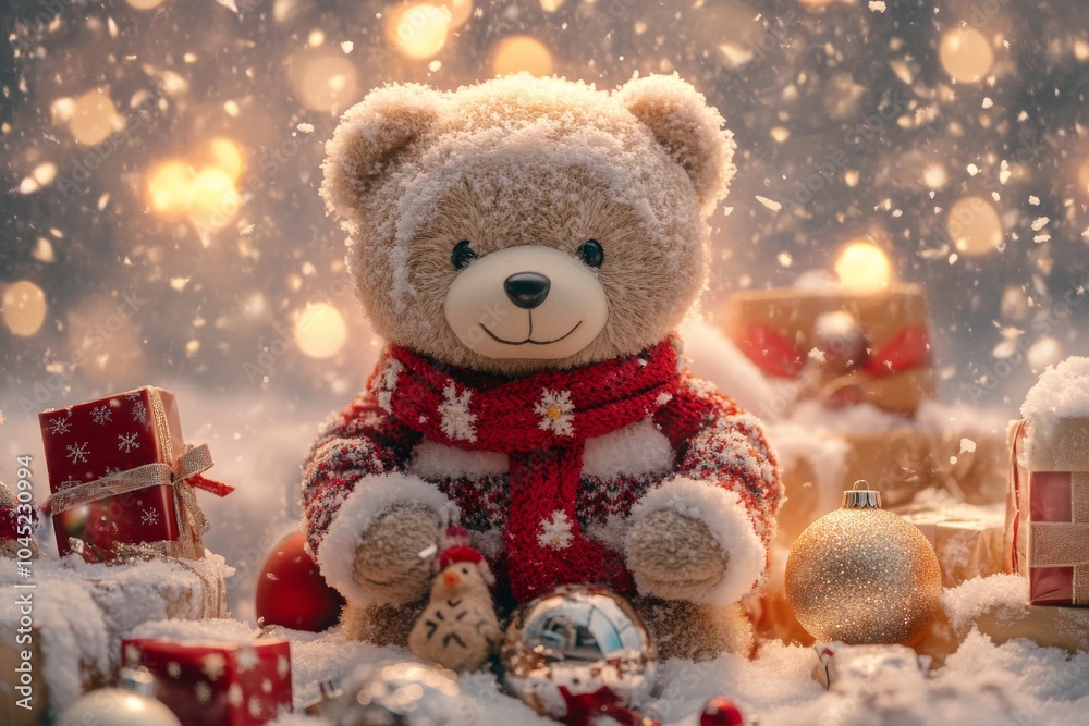 Adorable teddy bear in a festive red scarf sitting among Christmas gifts and ornaments in a snowy winter setting, conveying holiday warmth and joy