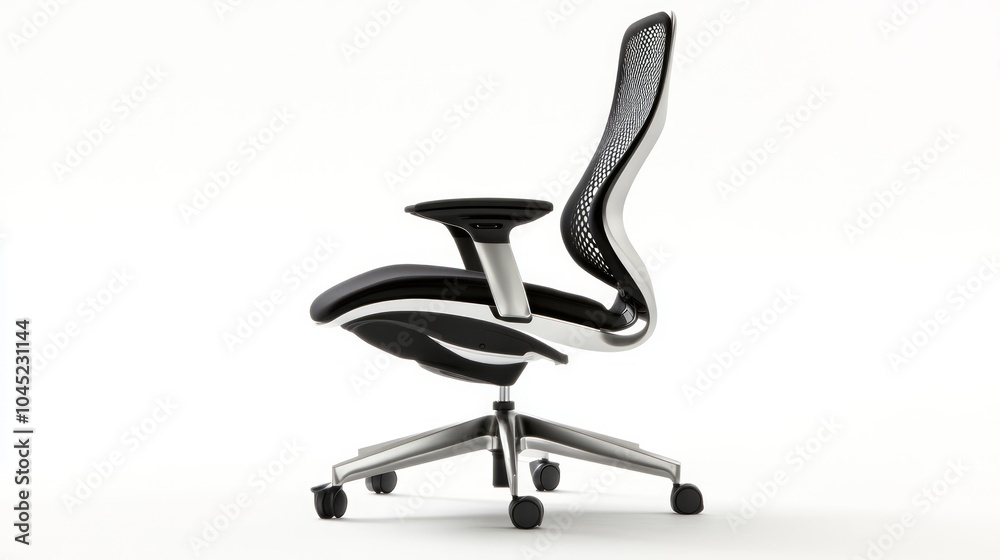 Modern black office chair with silver base and wheels, isolated on white background. Modern black office chair with silver base and wheels, isolated on white background.