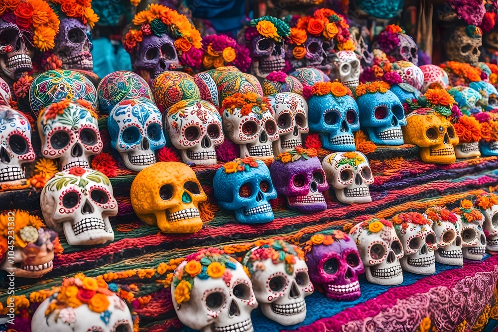 Fototapeta premium Colorful sugar skulls in a vibrant market stall surrounded by traditional da de muertos decoration, Ai Generated