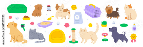 Set of cute pets and grooming accessories. Flat vector collection of cats and dogs with supplies.
