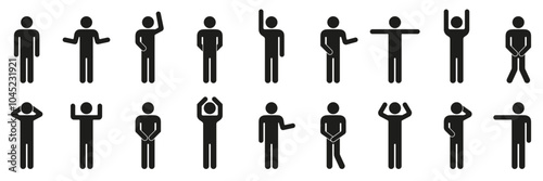 Stick Figure Gesture Silhouette Icon Set. Man in Different Poses Filled Pictogram Collection. Isolated Vector Illustration