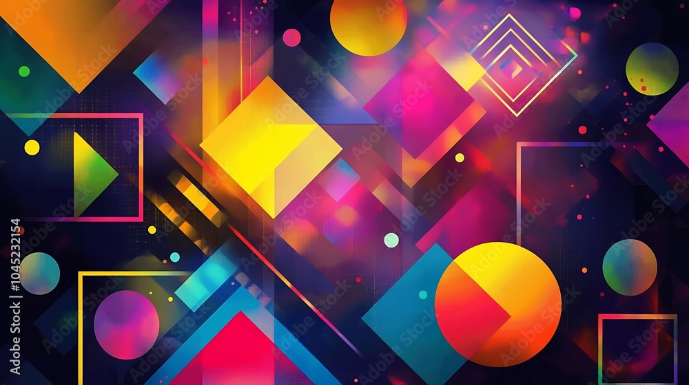 Abstract background with bright neon geometric shapes forming squares triangles and circles Abstract background with bright neon geometric shapes forming squares triangles and circles