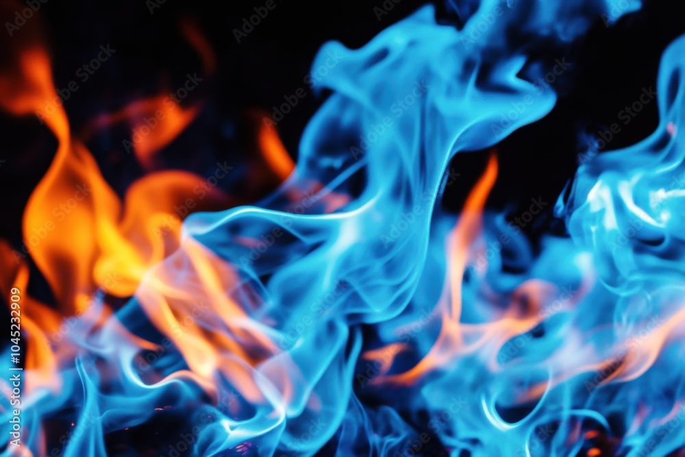 striking close-up of vivid blue and orange flames swirling against a dark background striking close-up of vivid blue and orange flames swirling against a dark background