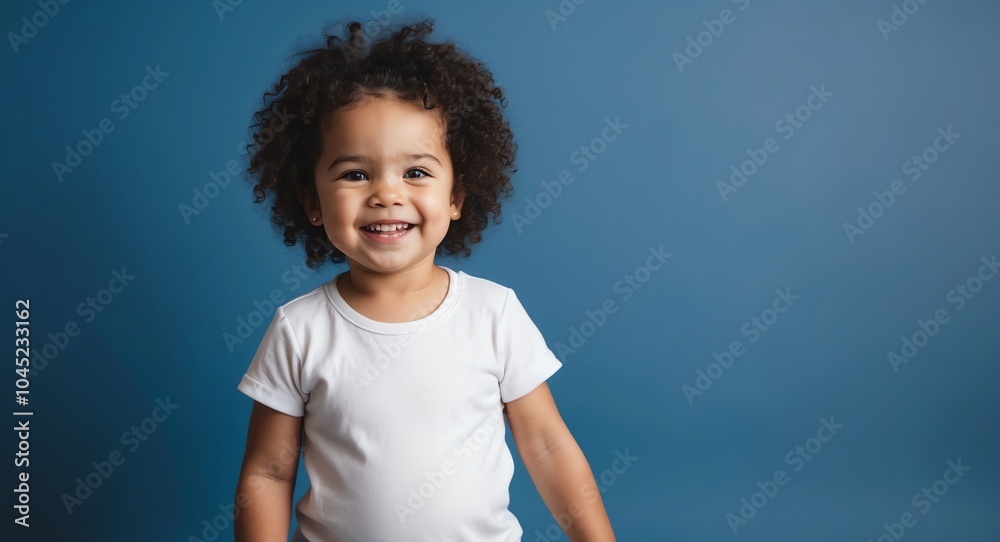 mixed race toddler girl blue background wearing plain white tshirt smiling happy portrait mixed race toddler girl blue background wearing plain white tshirt smiling happy portrait