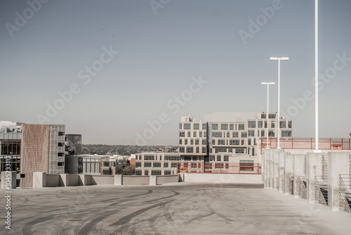 rooftop parking lot from multi-story building tire marks
