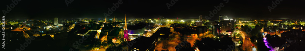 Aerial Panoramic View of Illuminated Historical Central Coventry City of England UK Aerial Panoramic View of Illuminated Historical Central Coventry City of England UK