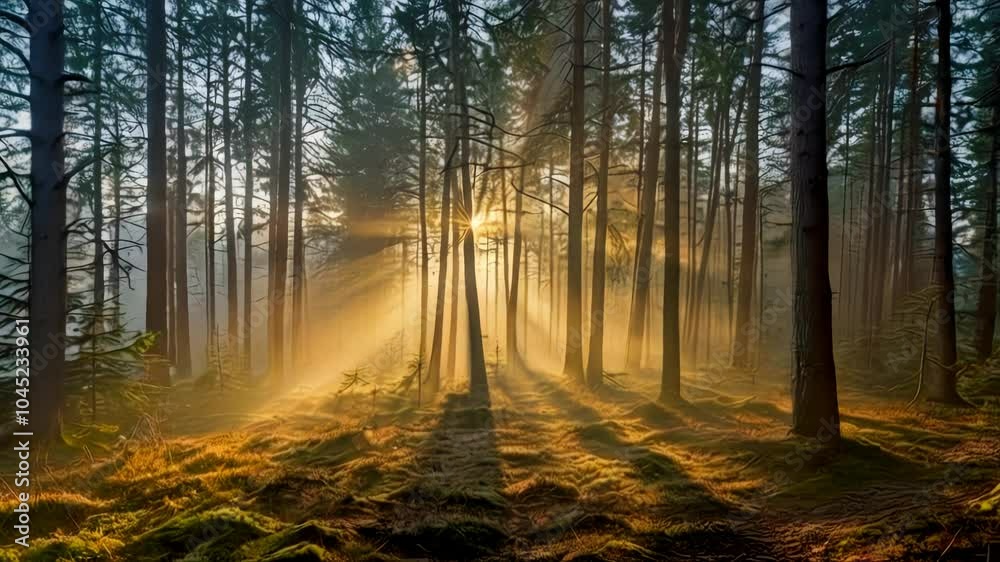 Golden Rays of Sunlight Through Misty Forest Golden Rays of Sunlight Through Misty Forest