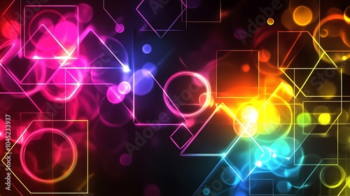 Vibrant abstract background with neon geometric shapes like squares triangles and circles