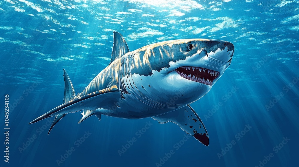 A majestic great white shark glides through clear blue waters, showcasing its powerful presence and sharp teeth. A majestic great white shark glides through clear blue waters, showcasing its powerful presence and sharp teeth.