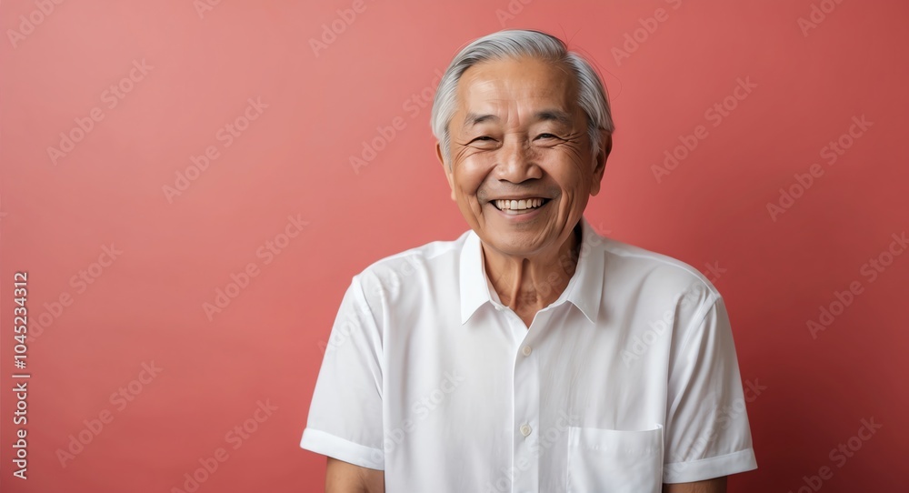 southeast asian elderly man red background wearing plain white tshirt smiling happy portrait southeast asian elderly man red background wearing plain white tshirt smiling happy portrait