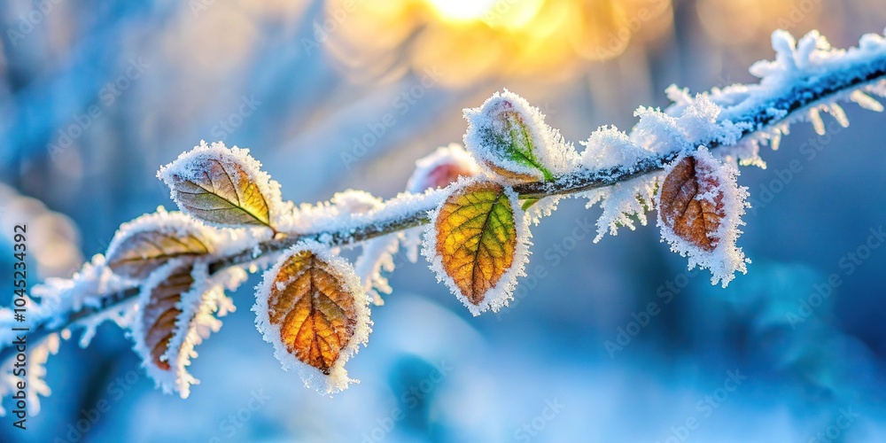 Snow-covered branch in freezing winter landscape with frost on leaves extreme close-up Snow-covered branch in freezing winter landscape with frost on leaves extreme close-up