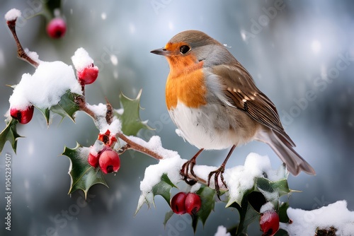 robin on a snowy branch a small robin perched on a snow laden br photo