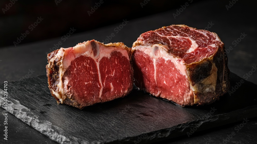 Two raw, red, beef steaks on a black slate plate. Two raw, red, beef steaks on a black slate plate.