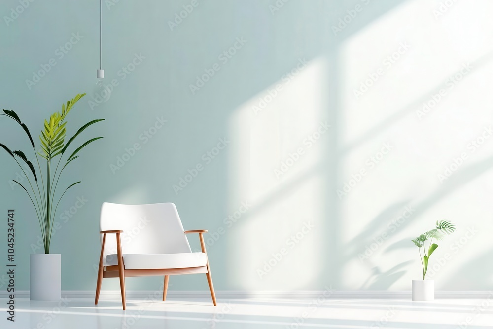 Modern living room with a white chair, plants, and natural light from the window. Modern living room with a white chair, plants, and natural light from the window.