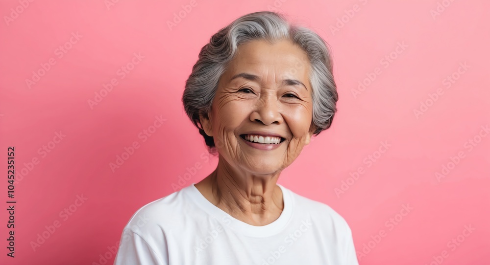 southeast asian elderly woman pink background wearing plain white tshirt smiling happy portrait southeast asian elderly woman pink background wearing plain white tshirt smiling happy portrait