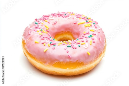 Pink frosted donut with colorful sprinkles on a white isolated background. photo