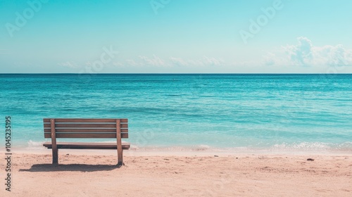 Bench by the sea on a tranquil beach, no one in sight, with soft waves and a calm horizon creating a peaceful atmosphere.