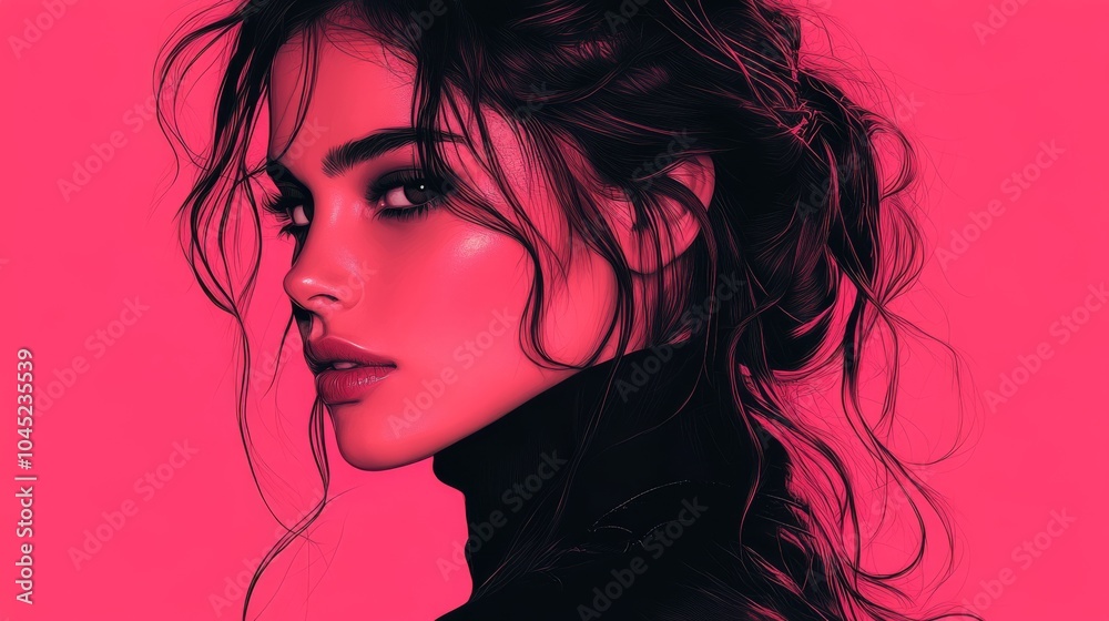 Profile of a young woman with long, dark hair against a vibrant pink background, exuding confidence and allure. Profile of a young woman with long, dark hair against a vibrant pink background, exuding confidence and allure.