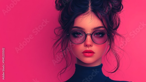 A young Caucasian woman with a fashionable hairstyle and stylish glasses against a vibrant pink background.