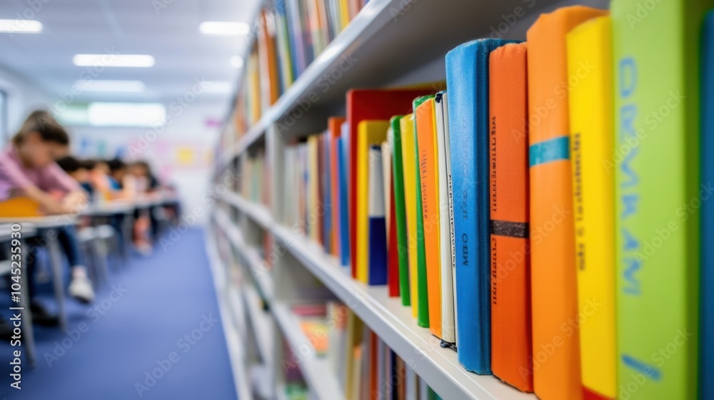 Books lined up on a classroom shelf, with blurred students working in the background, representing education and academic growth