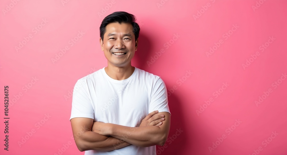 southeast asian mature guy pink background wearing plain white tshirt smiling happy portrait southeast asian mature guy pink background wearing plain white tshirt smiling happy portrait