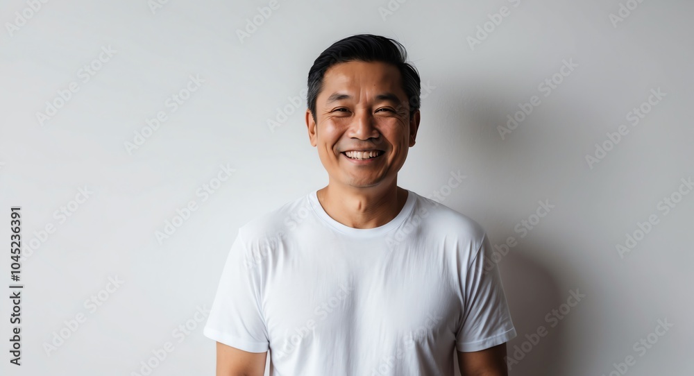southeast asian mature guy white background wearing plain white tshirt smiling happy portrait southeast asian mature guy white background wearing plain white tshirt smiling happy portrait