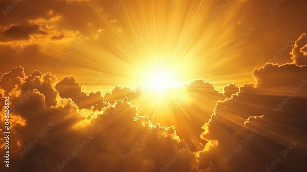 Bright sunrays breaking through thick cumulus clouds, casting light and shadows across the sky, creating a breathtaking natural display. Bright sunrays breaking through thick cumulus clouds, casting light and shadows across the sky, creating a breathtaking natural display.