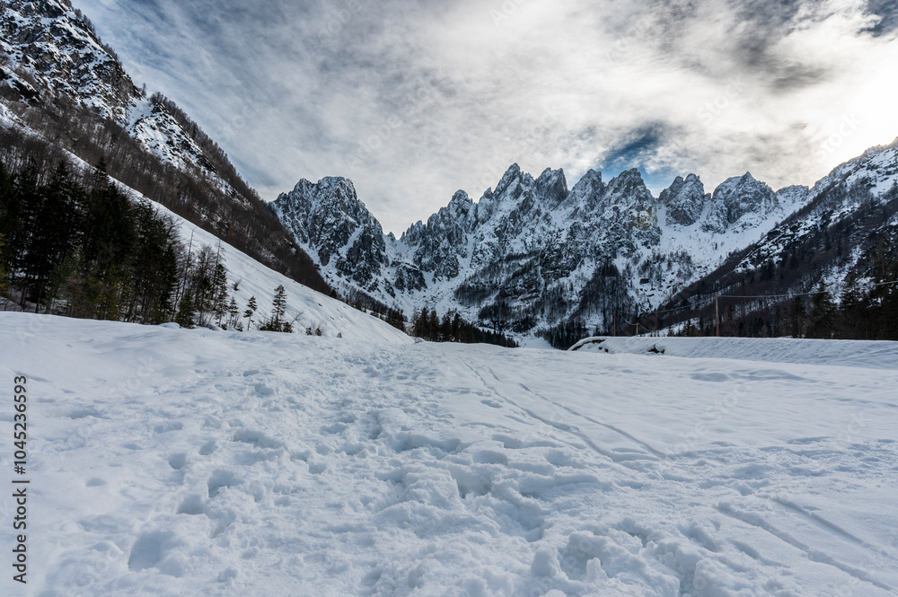 Gleris Valley. Winter in a wild valley in the Alps. Friulian Carnic Alps Gleris Valley. Winter in a wild valley in the Alps. Friulian Carnic Alps