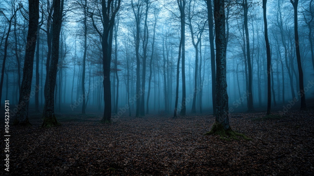 Obraz premium Dark blue fog covering the woods at twilight
