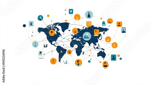 A design template for a banner showing a global network connection. It highlights how social media connects businesses worldwide, using big data and internet technology.