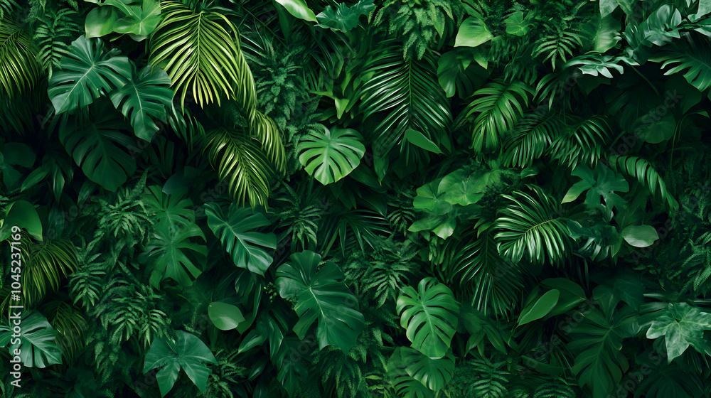 Fototapeta premium A lush green background with flat design leaves and plants, arranged symmetrically in various shades of green, creating a fresh and natural look