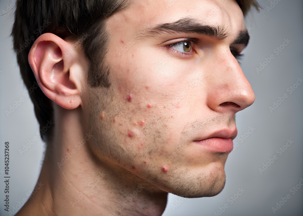 Fototapeta premium Man face with acne skin, Side view.png